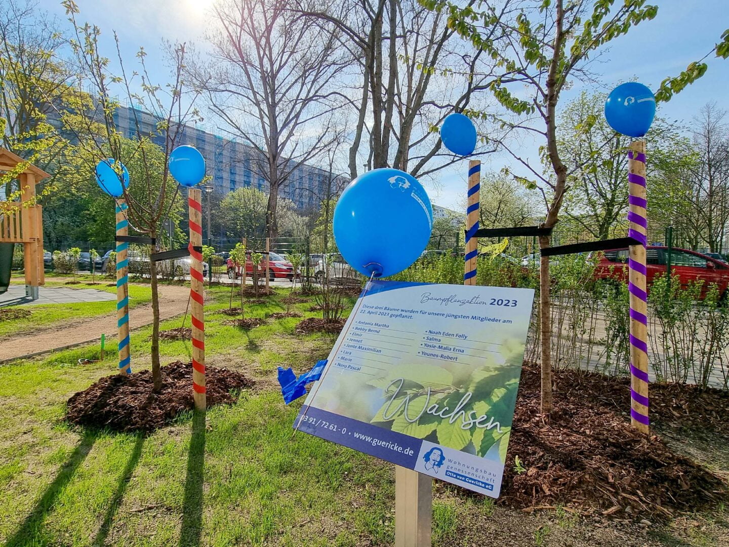 Ein Schild mit einem blauen Ballon. Im HIntergrund Bäume mit weiteren blauen Ballons. ©Anja Jänichen