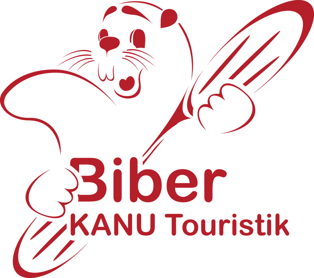 Logo der Biber Kanu Touristik, mit einem roten Biber der ein Paddel hält.