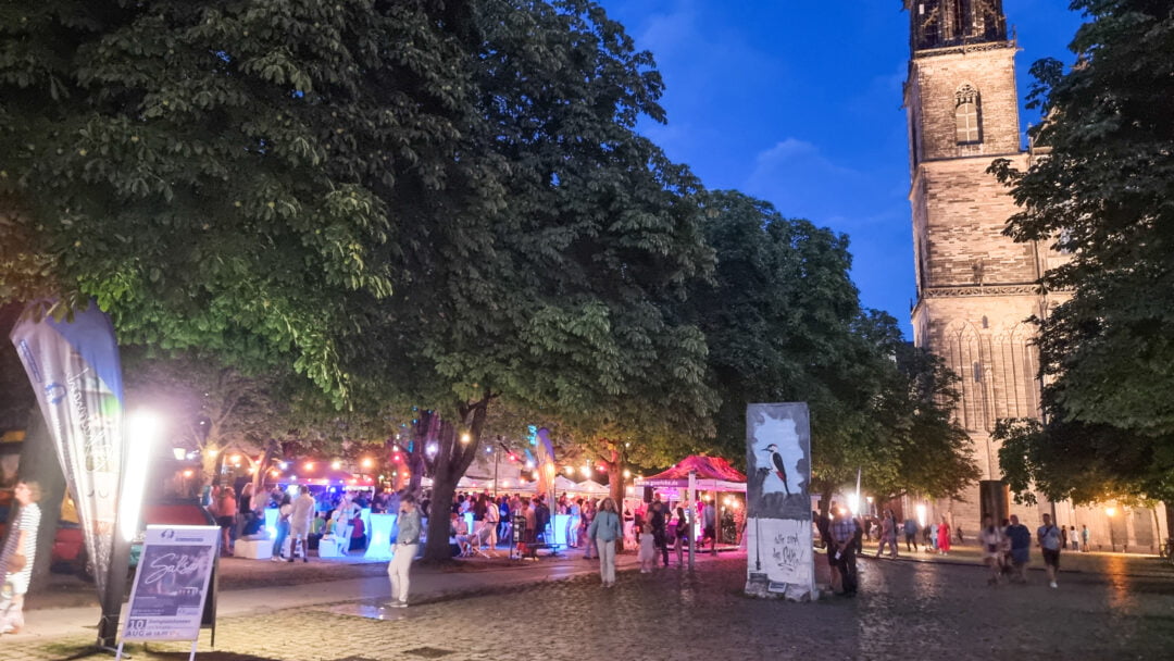 Veranstaltung unter Kastatienbäumen mit dem Magdeburger Dom im rechten Bildanschnitt. Viele bunte Farben durchen Lichterketten und beleuchtete Tische und Hocher.