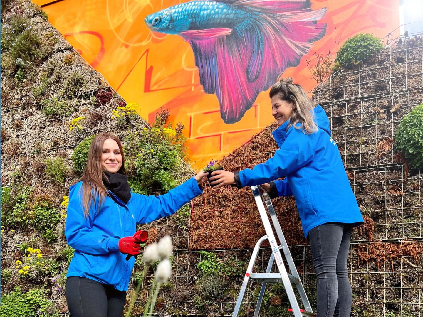 zwei Frauen in blauen Jacken stehen an einer Wand mit Pflanzen und Graffiti, eine davon auf einer Leiter