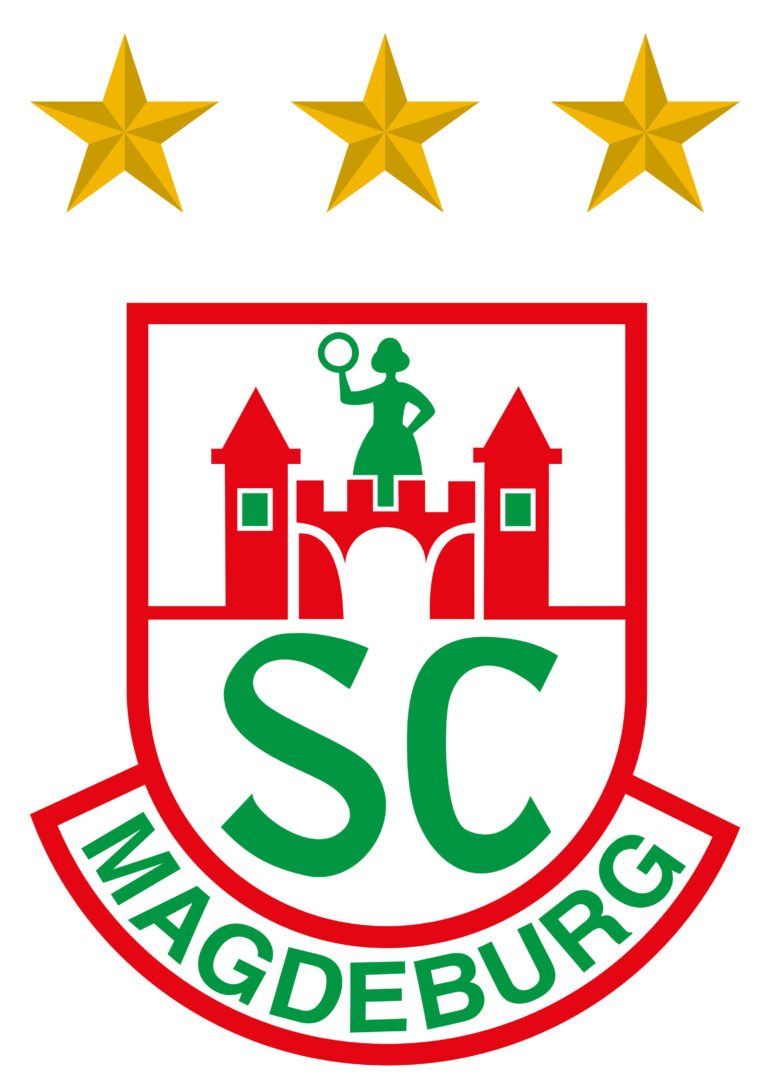 Das rot grüne Vereinslogo des SC Magdeburgs mit drei gelben Sternen darüber. Auf dem Logo ist eine Frau zu erkennen, welche auf einer Burg steht.